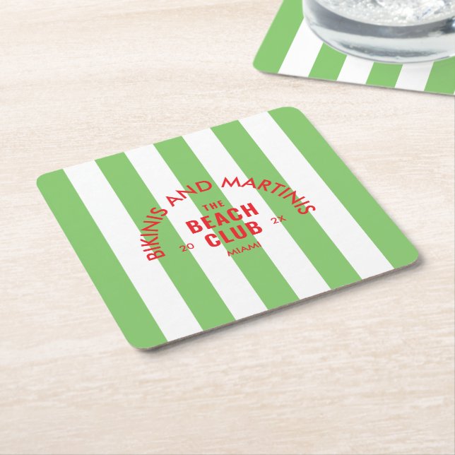 Bikinis And Martinis The Beach Club Green Stripe Square Paper Coaster (Angled)