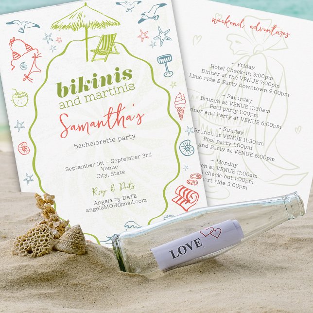 Bikinis & Martinis 2 Hand Drawn Beach Bachelorette Invitation (Bikinis Martinis Tropical Island Destination Hand Drawn Beach Bachelorette Girls Weekend Invitation)