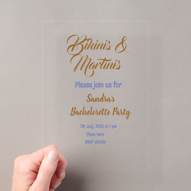 bikinis & martinis bachelorette party name brown  acrylic invitations (Insitu (Handheld))