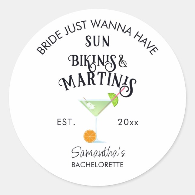 Bikinis & Martinis Tropical Pool Hen Bachelorette Classic Round Sticker (Front)