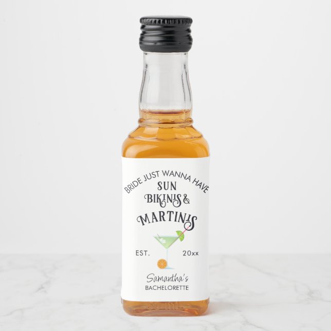 Bikinis & Martinis Tropical Pool Hen Bachelorette Liquor Bottle Label (Front)