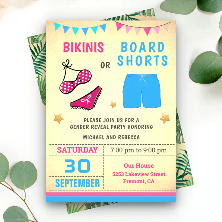 Bikinis or Board Shorts Gender Reveal Party Invitation Zazzle