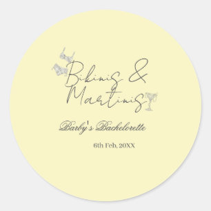 Bikins & Martinis bachelorette party yellow retro Classic Round Sticker