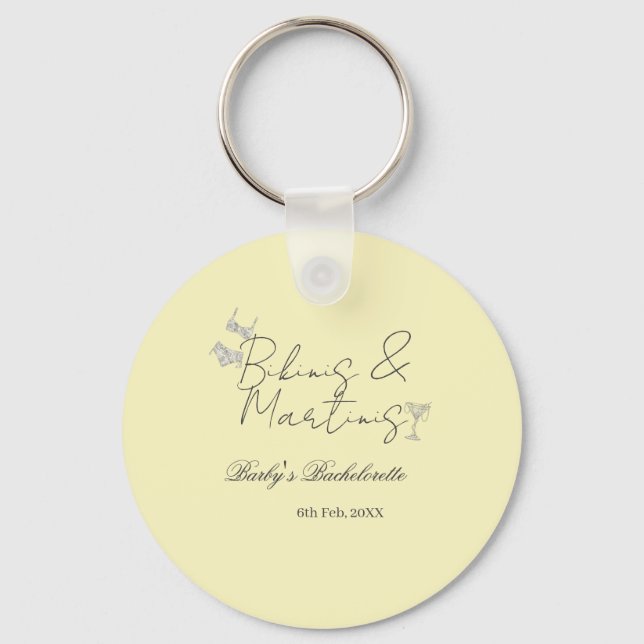 Bikins & Martinis bachelorette party yellow retro Keychain (Front)