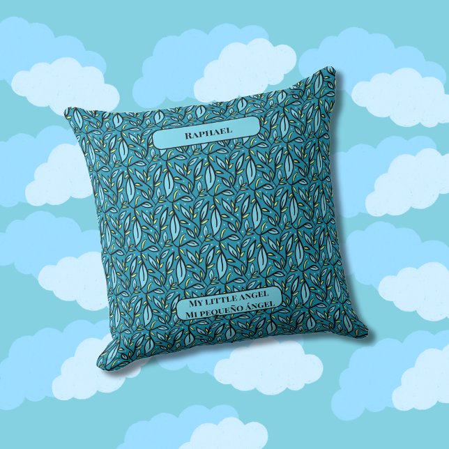 Bilingual Blue Leaves Mi Pequeño Ángel & Name Throw Pillow (Bilingual blue leaves pillow mi pequeño ángel, Custom name & text. multilingual project)