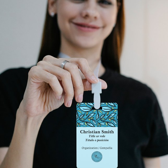 Bilingual Blue Turquoise Leaves Pattern Badge (Blue leaves Name Badge Bilingual, Personalized for small businesses Multilingual Project)