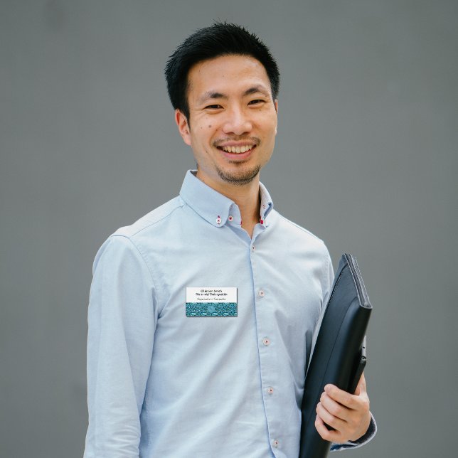 Bilingual Blue White Leaves Pattern Badge (Blue White leaves Name Badge Bilingual Spanish tag for small business. Multilingual project)