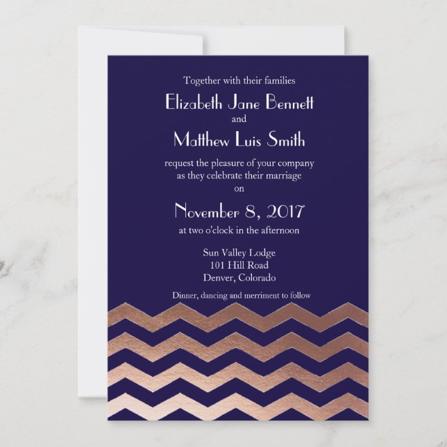 Bilingual Chic Rose Gold Chevron Wedding Invite (Front)