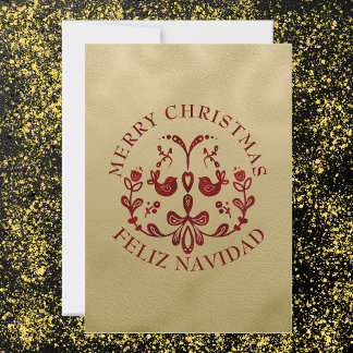 Bilingual Christmas Spanish Gold Burgundy Birds Holiday Card