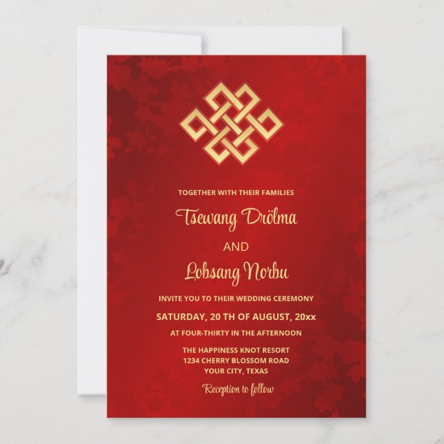 BILINGUAL Endless Knot | Tibetan Wedding  Invitation (Front)