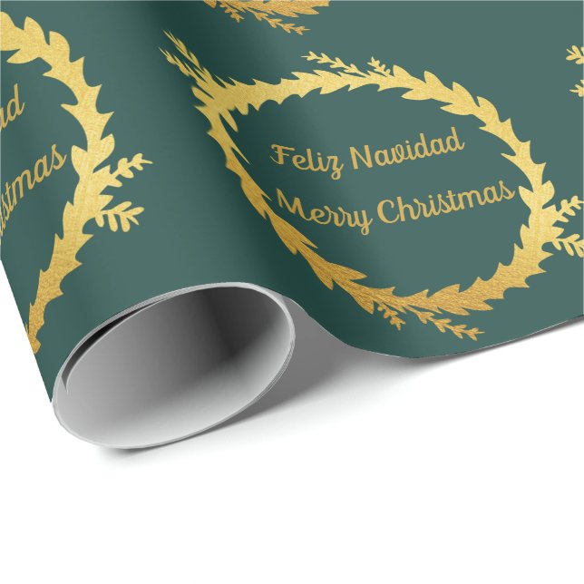 Bilingual Green Golden Feliz Navidad Christmas Wrapping Paper (Roll Corner)