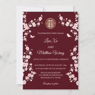 BILINGUAL Maroon Blush Blossom Chinese Wedding Invitation