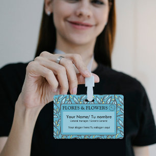 Bilingual Name with Blue Turquoise Leaves Pattern Badge