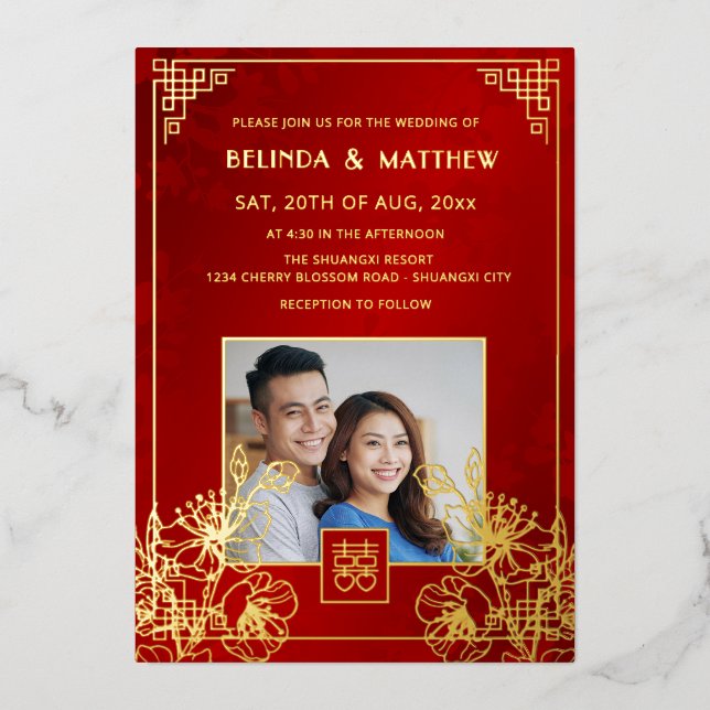 BILINGUAL Photo Red Gold Chinese Wedding (Front)