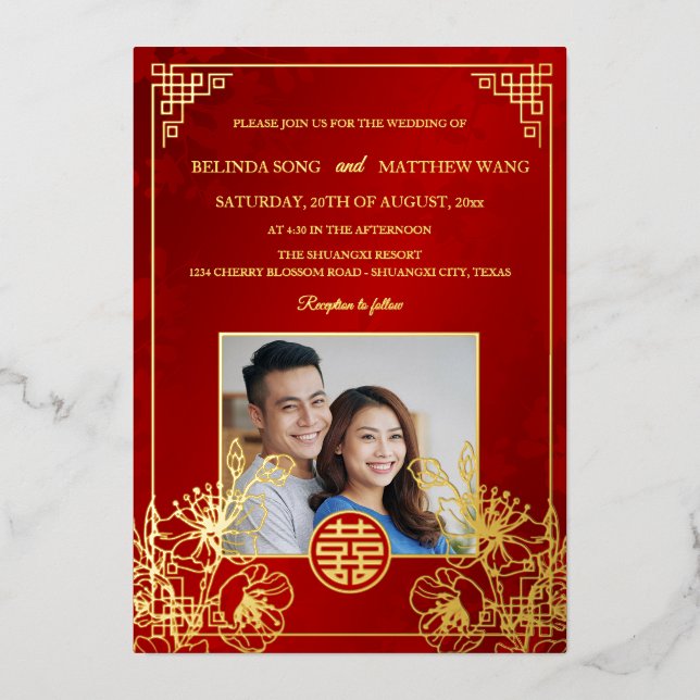 BILINGUAL Photo Red Gold Chinese Wedding (Front)