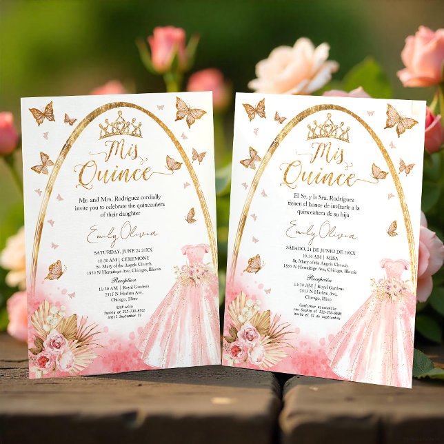 Bilingual Pink Blush Gown Quinceanera Invitation (Creator Uploaded)