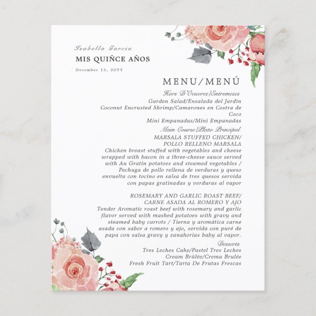 Bilingual Pink Floral Quinceanera Food Drinks Menu (Front)