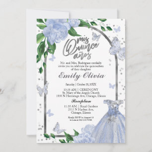 Bilingual Quinceanera Butterflys Dusty Blue Gown Invitation