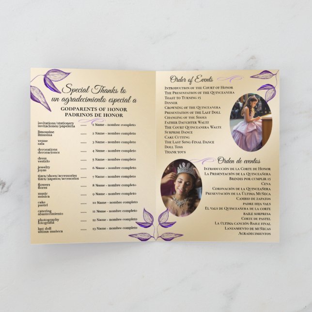 Bilingual Quinceañera Order of Events Program  (Inside)