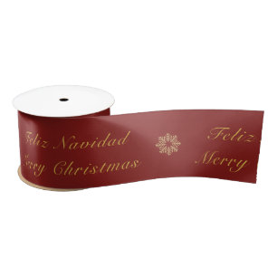 Bilingual Red and Golden Christmas Snowflake Satin Ribbon