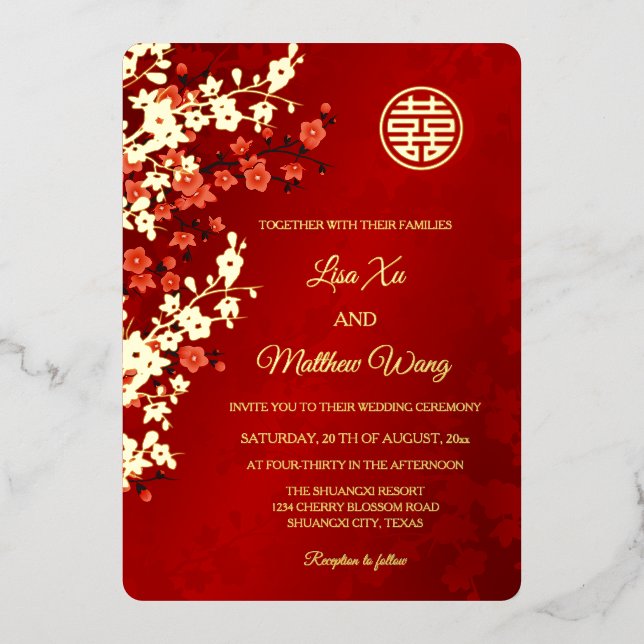 BILINGUAL Red Gold Cherry Blossom Chinese Wedding (Front)