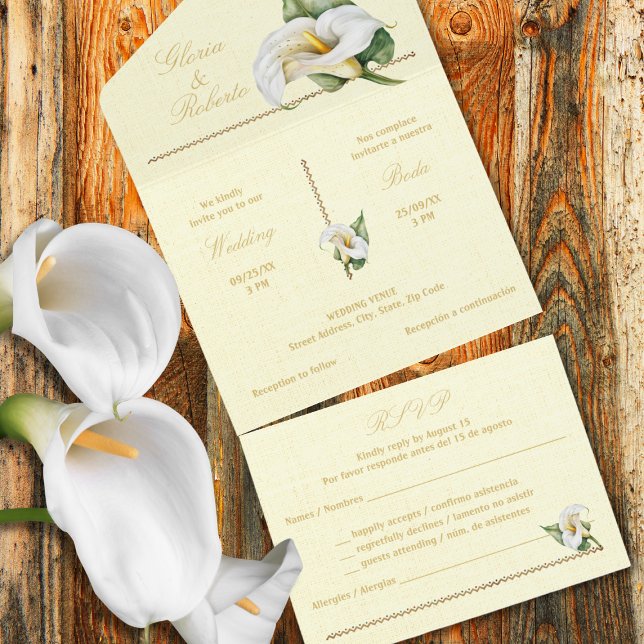Bilingual Romantic Tones Cala Lily Mexican Wedding All In One Invitation (Creator Uploaded)