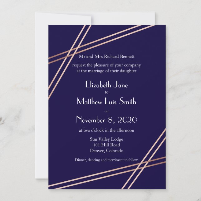 Bilingual Rose Gold Stripes Wedding Invite (Front)