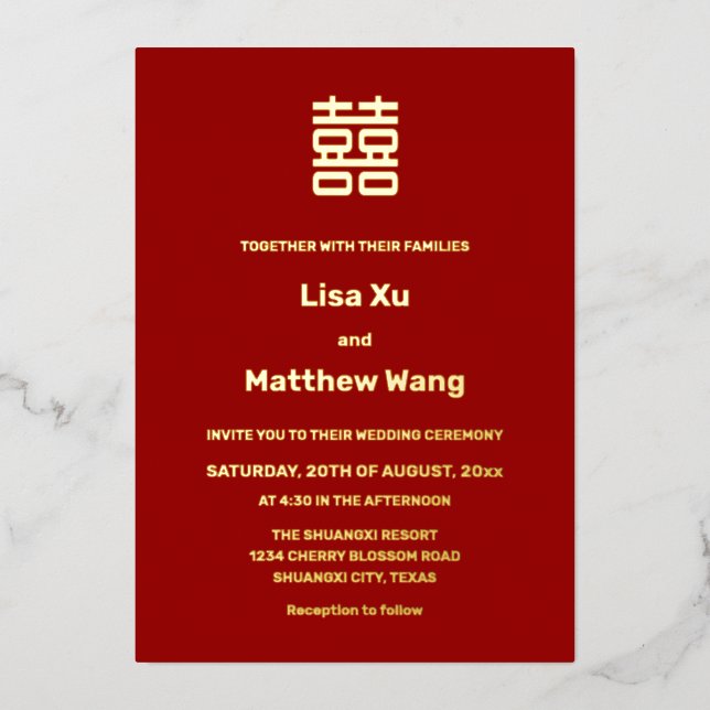 BILINGUAL Simple Red Gold Chinese Wedding (Front)