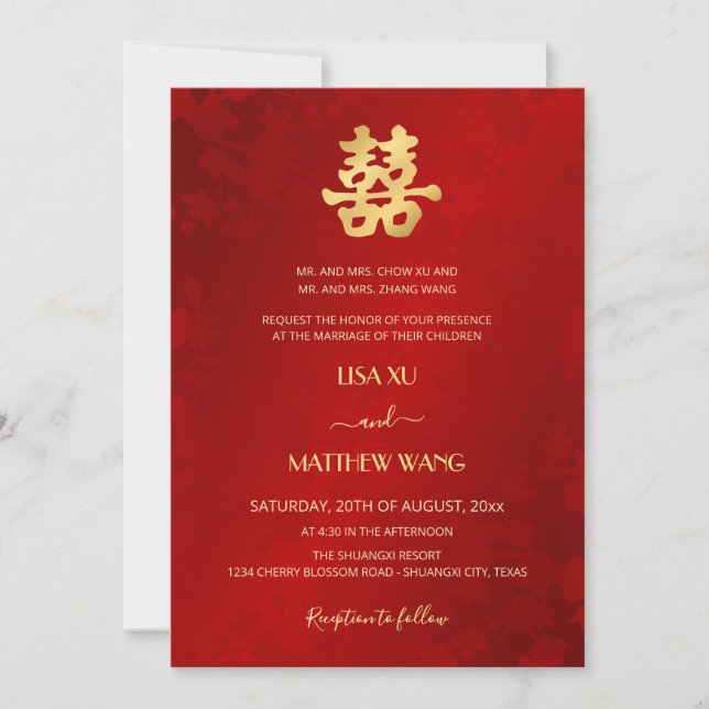 Bilingual | Simple Red Gold Chinese Wedding Invitation (Front)