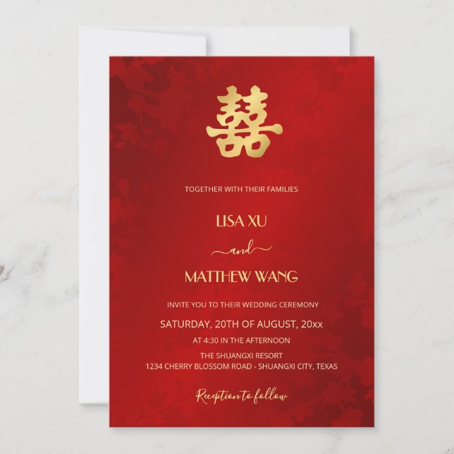 Bilingual | Simple Red Gold Chinese Wedding Invitation (Front)