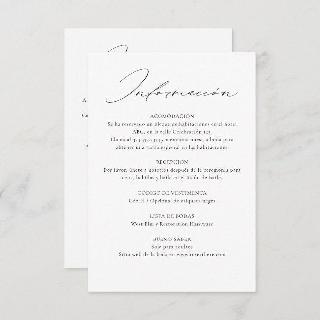 Bilingual Spanish English Double Sided Wedding Enclosure Card (Front/Back)
