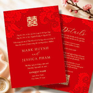 Bilingual Vietnamese English Red Floral Wedding Invitation