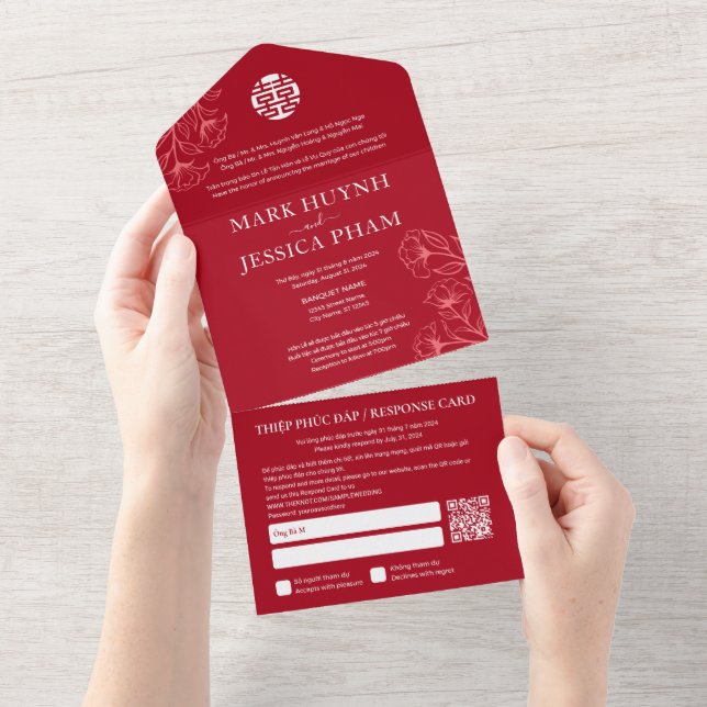 Bilingual Vietnamese English Red Wedding All In One Invitation (Tearaway)