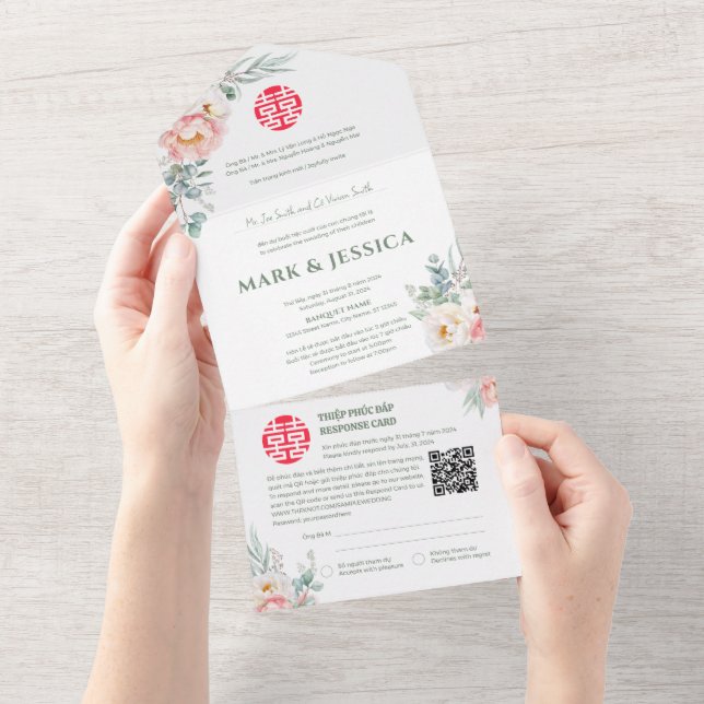 Bilingual Vietnamese Peonies Traditional All In On All In One Invitation (Tearaway)