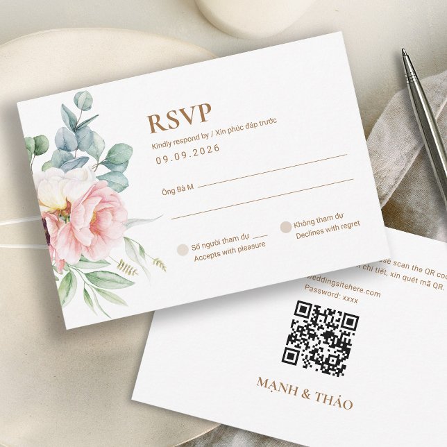Bilingual Vietnamese Peony RSVP card with QR code (Creator Uploaded)