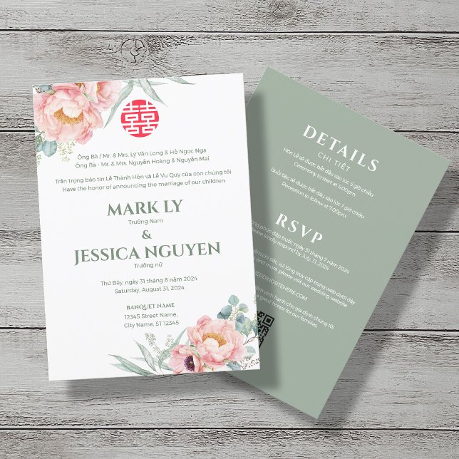 Bilingual Vietnamese Peony Song Hy Wedding Invitation (Creator Uploaded)