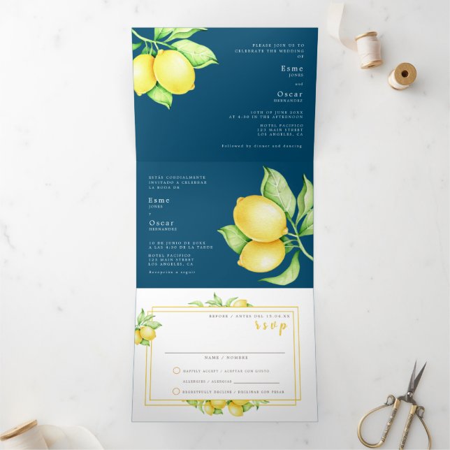 Bilingual Wedding Invitation - Lemons All in One (Inside)