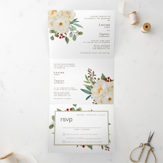 Bilingual Wedding Invitation - Peony All in One (Inside)