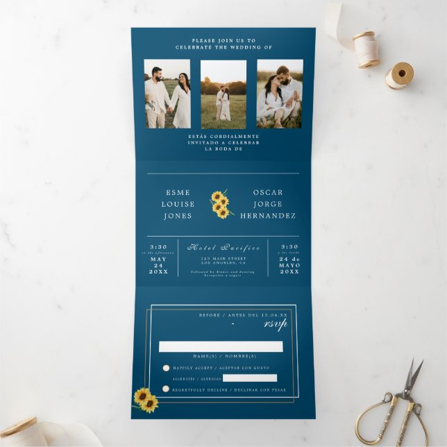 Bilingual Wedding Invitation - Sunflower Photos  (Inside)
