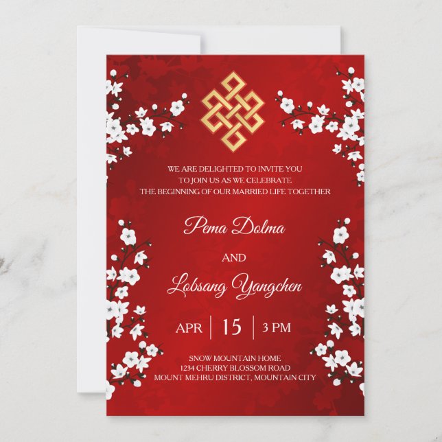 BILINGUAL  White Cherry Blossom Tibetan Wedding Invitation (Front)