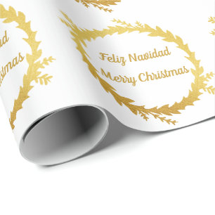 Bilingual White Golden Feliz Navidad Christmas Wrapping Paper