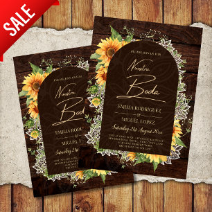 Bilingüe Rústico Azul Amarillo Girasoles Boda Flyer