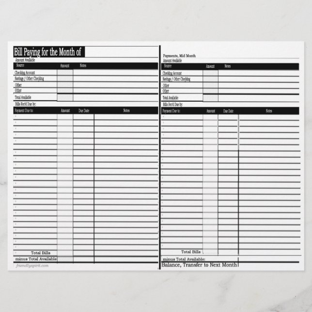 Bill Paying Schedule Sheets - Horizontal (Front)