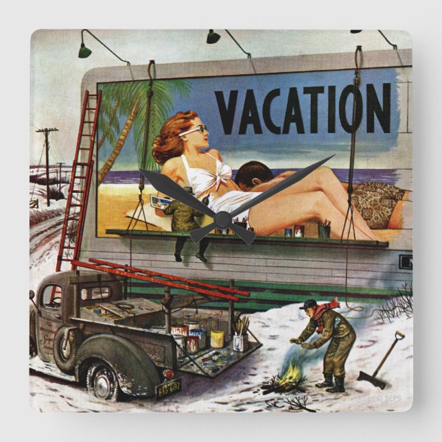 Billboard Painters in Winter by Stevan Dohanos Square Wall Clock (Front)