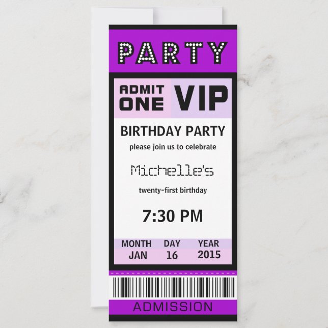 Billet 21e anniversaire Invitations violettes (Devant)