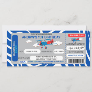 Billet avion bleu Anniversaire Fête Invitation