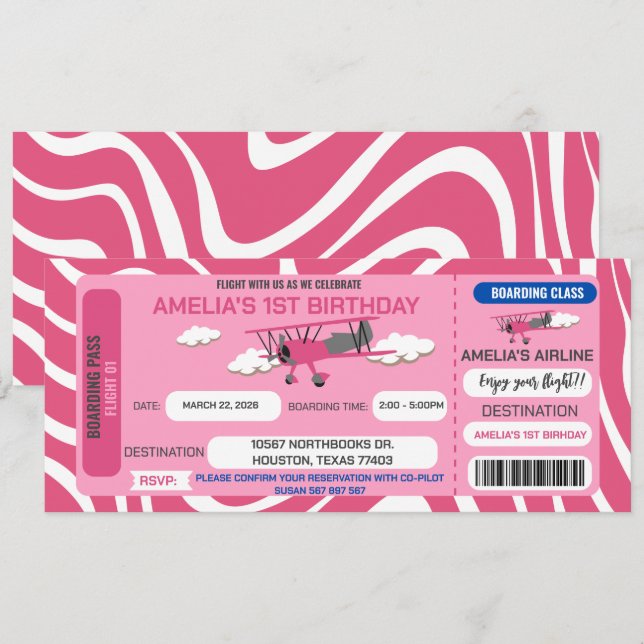 Billet avion rose Anniversaire Fête Invitation (Devant / Derrière)