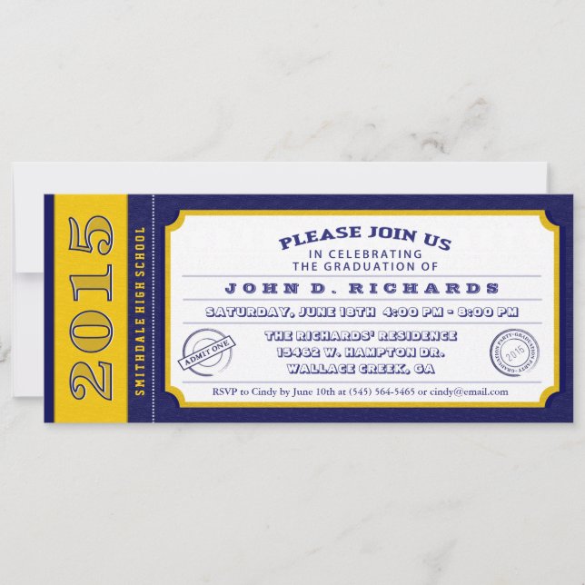 Billet Bleu & Or Graduation Party Invitation (Devant)
