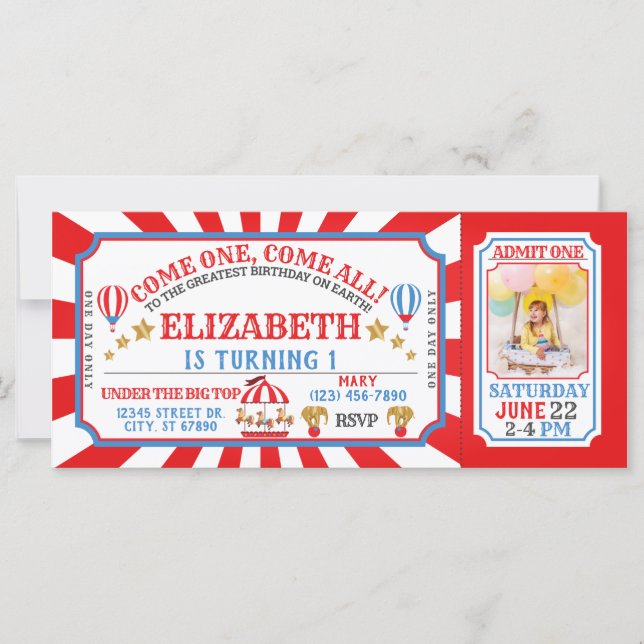 Billet Carnaval Cirque Invitation Anniversaire (Devant)