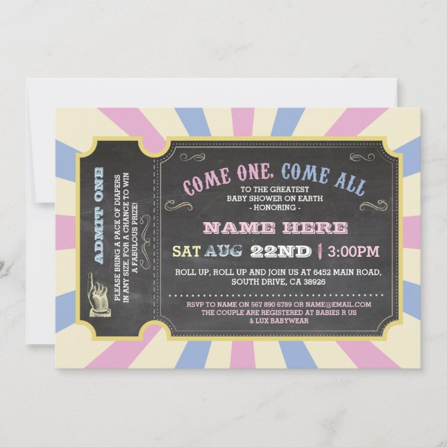 Billet Circus bleu rose Baby shower Invitation (Devant)